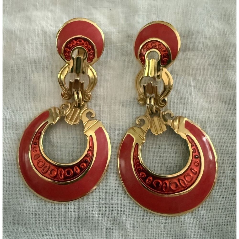 Berèbi Gold Tone Red Enamel Dangle Hoop Deco Style Pierced Earrings Vintage